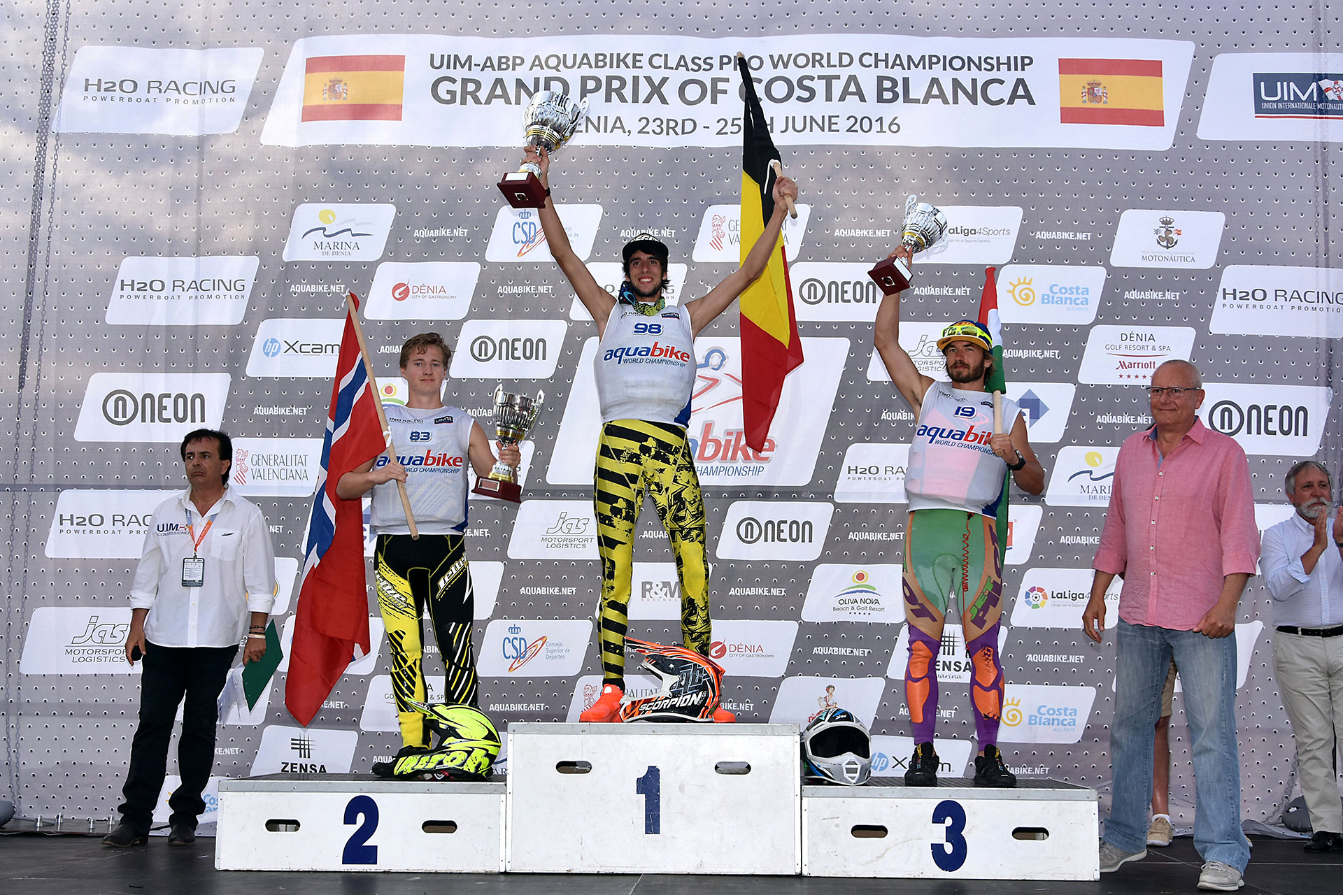 2016 UIM-ABP Aquabike World Championship  SKI GP3 Podium: 1st Quentin Bossche BEL 2nd Ulrik Bernsten NOR 3rd Gabor Szabo HUN - Denia, Spain
